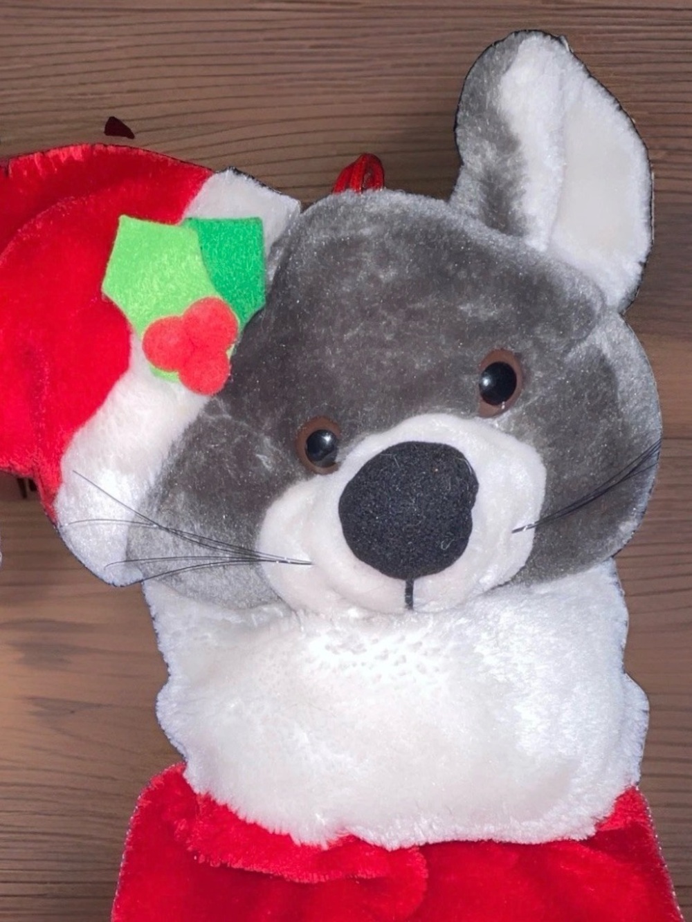 Vintage Plush Mouse Christmas Stocking 3D Santa Hat Gray Faux Fur Holiday Retro